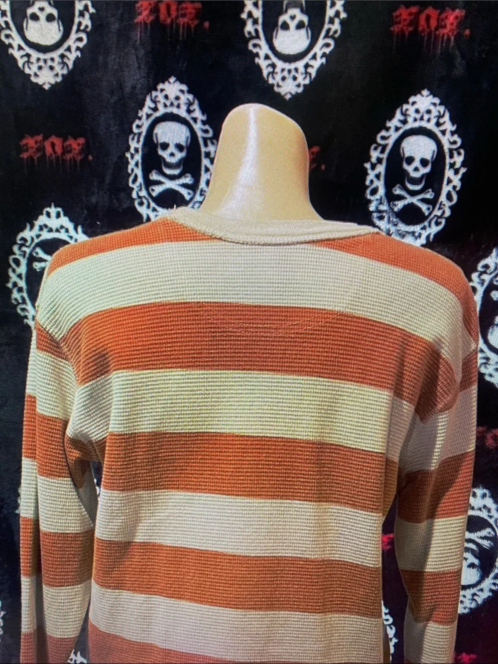 Striped Long-Sleeve Waffle Knit Top - Rust & Cream